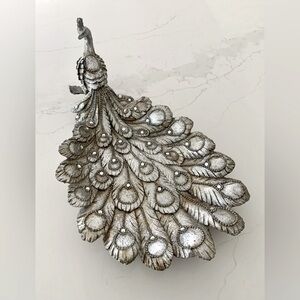Elegant Silver Peacock Decorative Trinket Tray Dish